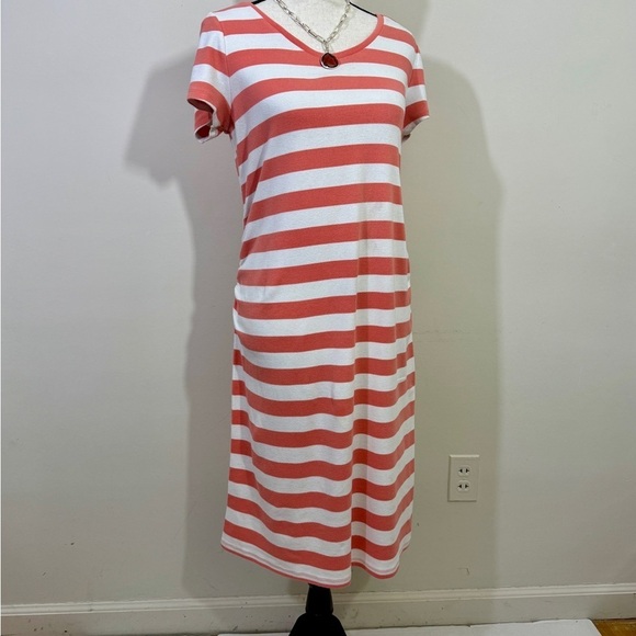 Striped Coral and White maternity V-Neck Dress - Picture 1 of 8
